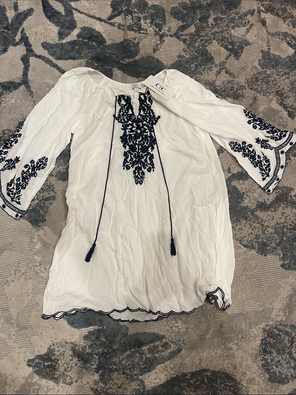 C&C California White Peasant Tunic with Navy Embroidery